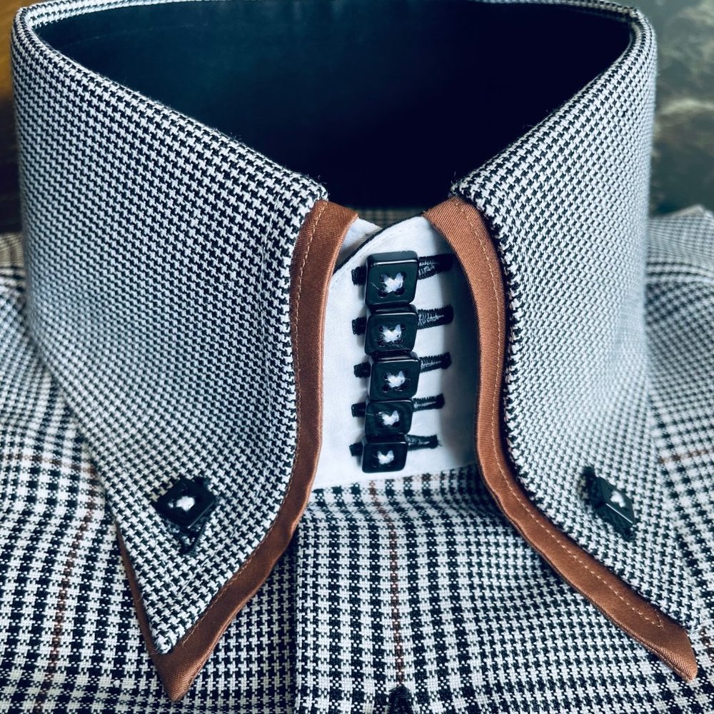MorCouture Brown Black White Check Double  High Collar Shirt